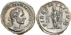 Macrinus, AD 217-218. AR Denarius minted at Rome, AD 217. Laureate, cuirassed bust right of Macrinus with short beard. Reverse : Fides standing left, holding standard in each hand; on either side, two