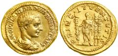 Diadumenian, AD 218. Gold Aureus (7.22 g) minted at Rome as Caesar, AD 217-218, by his father, Macrinus. Bareheaded, cuirassed and draped bust right of Diadumenian. Reverse: Diadumenian standing left,