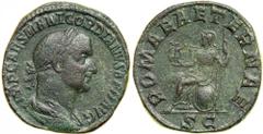 Gordian I, AD 238. AE Sestertius minted at Rome, 22 March-12 April AD 238. Laureate, draped, cuirassed bust right of Gordian I. Reverse : Roma seated left, holding Victory and scepter; shield at side.
