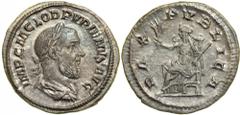 Pupienus, AD 238. AR Denarius minted at Rome, 22 April-29 July AD 238. Laureate, draped, cuirassed bust right of Pupienus. Reverse : Pax seated left, holding olive branch and scepter. Sear 8526; RIC 4