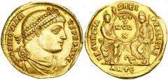 Jovian, AD 363-364. Gold Solidus (4.48 g) minted at Antioch, 27 June AD 363-16 Feb. 364. Diademed, cuirassed and draped bust right of Jovian. Reverse: Roma and Constantinopolis seated, holding between
