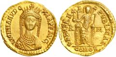 Licinia Eudoxia, wife of Valentinian III, AD 425-455. Gold Solidus (4.47 g) minted at Rome, c. AD 440-455. Draped bust facing of Licinia Eudoxia, wearing spiked headdress with pendillia, cross at top.