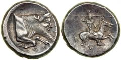 Sicily, Gela. AR Didrachm (8.6g), ca. 490-475 BC. [G]E - LA (retrograde). Forepart of man-headed bull running right. Reverse : Naked horseman in peaked helmet galloping right, brandishing spear in rig