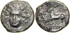 Sicily, Katane. AR Tetradrachm (16.4g), ca. 405-402 BC. HPAKΛ[EIΔAΣ]. Laureate head of Apollo facing, inclined slightly to left, his hair in loose waves around his face. Reverse : [KA]TANAIΩ[N]. Fast 