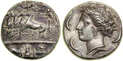 Sicily. Syracuse. Dionysos I, 405-367 BC. AR Dekadrachm (42.39g) by Euainetos (unsigned), struck 405-400 BC. Unsigned dies by Euainetos. Charioteer driving galloping quadriga left, holding kentron in 