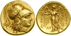 Macedonian Kingdom. Philip III, Arrhidaios, 323-317 BC. Gold Stater (8.6 g) minted at Babylon. Struck under Perdikkas. Head of Athena right wearing helmet adorned with a coiled serpent. Reverse: Nike 