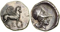 Corinthia, Corinth. AR Stater (8.6g) struck c. 405-345. Pegasos with curled wing stepping right on exergual line; below belly, koppa and E. Reverse : EY. Head right of Athena in Corinthian helmet; to 
