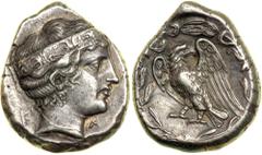 Elis, Olympia. AR Stater (12.22g) struck ca. 385-365 BC. F - A. Head right of Hera in stephane, wearing pendant earring and wire necklace; stephane adorned with five palmettes adjoined with tendrils a