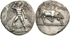 Crete, Phaistos. AR Stater (10.9g) struck ca. 300-270 BC. T - AΛ - ΩN. Naked Talos, wings spread, standing facing on exergual line, poised to throw rock in right hand, holding another rock in his left