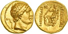 Euthydemos I, c. 230-200 BC. Gold Stater (8.14g) struck c. 225-218 BC. Diademed head of Euthydemos I right. Reverse : BAΣIΛEΩΣ EYΘYΔHMOY. Naked Herakles seated left on rocks, holding club against colu