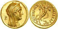 Ancient Egypt. Time of Ptolemy VI -Ptolemy VIII, 180-116 BC. Gold Tetradrachm (13.93g) minted at Alexandria. Gold Tetradrachm (13.93g) minted at Alexandria. Diademed and veiled head of Arsinoê II righ
