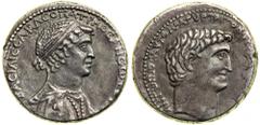 Marc Antony and Cleopatra VII. AR Tetradrachm (12.95g) minted at Antioch (?) in Seleukis ad Pieria, ca. 36 BC. BACIΛICCA KΛEOΠATPA ΘEA NEWTEPA. Diademed and draped bust right of Cleopatra VII (Ptolema