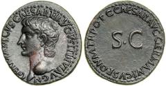 Germanicus, adopted son of Tiberius, father of Caligula. AE As (12g). Ca. AD 37-38. Struck under Caligula. GERMANICVS CAESAR TI AVGVST F DIVI AVG N. Bare head of Germanicus, left. Reverse: C CAESAR AV