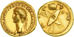 Nero Claudius Drusus, father of Claudius. Gold Aureus (7.8g) minted at Lugdunum, AD 41-42. NERO CLAVDIVS DRVSVS GERMANICVS IMP. Laureate head of Nero Claudius Drusus left. Reverse : DE GE-R-MA-NIS. Tw