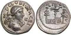Clodius Macer, AD 68. AR Denarius (3.1g). Struck at Carthage, May-September AD 68. L. CLODI MACRI. Draped bust of Victory right; at sides, S C. Reverse: Legionary eagle between two vexilla; in field b