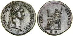 Domitian, AD 81-96. AE Sestertius (28.2g) minted at Rome, AD 90-91. IMP CAES DOMIT AVG GERM COS XV CENS PER P P. Laureate head right of Domitian. Reverse : IOVI VICTORI. Half-draped Jupiter seated lef