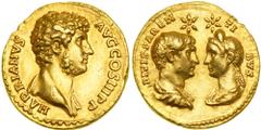 Hadrian, with Trajan and Plotina, AD 117-138. Gold Aureus (7.2g) minted at Rome, c. AD 134-138. HADRIANVS AVG COS III P P. Bare-headed, bust right of bearded Hadrian, left shoulder draped. Reverse : D