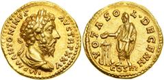 Marcus Aurelius, AD 161-180. Gold Aureus (7.1g). Struck at Rome AD 171. Laureate, draped and curassed bust of Marcus Aurelius to right. Reverse: Marcus Aurelius, togate, standing left sacrificing over