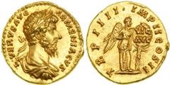 Lucius Verus, AD 161-169. Gold Aureus (7.3g) minted at Rome, AD 164. L VERVS AVG ARMENIACVS. Laureate, draped and cuirassed bust right of Lucius Verus. Reverse : TR P IIII IMP II COS II. Victoria (Vic