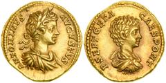 Caracalla and Geta. Gold Aureus (7.1g) minted at Rome, AD 199-200. ANTONINVS AVGVSTVS. Laureate, draped and cuirassed bust right of young Caracalla. Reverse : P SEPT GETA CAES PONT. Bare-headed, drape
