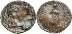Caracalla and (Geta), 198-217 AD. AE 35 Medallion (19.47 g) of Stratoniceia in Caria. Laureate, draped and cuirassed bust of Caracalla right, confronting erased bust of Geta; between, two countermarks