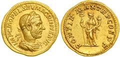 Macrinus, AD 217-218. Gold Aureus (6.42g) minted at Antioch, AD 217. Laureate, draped and cuirassed bust of Macrinus right. Reverse: Felicitas (Happiness) standing left holding caduceus and cornucopia