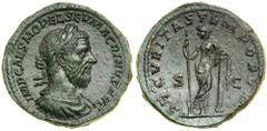 Macrinus, AD 217-218. AE Sestertius (23.9 g) minted at Rome. IMP CAES M OPEL SEV MACRINVS AVG. Laureate, draped and cuirassed bust of Macrinus right. Reverse : SECVRITAS TEMPORVM S C. Securitas (Secur