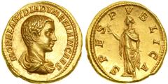 Diadumenian, AD 218. Gold Aureus (7.2g) minted at Rome, AD 218. M OPEL ANT DIADVMENIAN CAES. Bare-headed, draped and cuirassed bust right of Diadumenian. Reverse : SPES PVBLICA. Spes (Hope) advancing 
