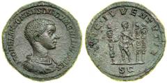 Diadumenian, as Caesar, AD 217-218. AE Sestertius (23.9g) minted at Rome, Second Emission of Macrinus. M OPEL ANTONINVS DIADVMENIANVS CAES. Bare-headed, draped and cuirassed bust right of youthful Dia