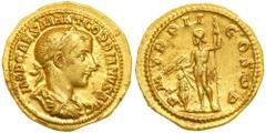 Gordian III, AD 238-244. Gold Aureus (5.08 g) minted at Rome, AD 239. Laureate, draped and cuirassed large bust of Gordian III right, seen from behind. Reverse: PM TR P II COS II. Jupiter standing lef