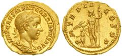 Gordian III, AD 238-244. Gold Aureus (4.95 g) minted at Rome, AD 239. Laureate, draped and cuirassed large bust of Gordian III right. Reverse: PM TR P II COS PP. Jupiter standing left, holding scepter