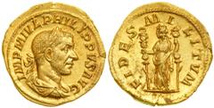 Philip I, AD 244-249. Gold Aureus (4.92g) minted at Rome, AD 244-247. Laureate, draped and cuirassed Philip bust right. Reverse: Fides standing left holding a military standard in each hand. RIC 34, C