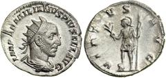 Aemilian, AD 253. AR Antoninianus (2.9g). Minted at Rome, July-September AD 253. IMP AEMILIANVS PIVS FEL AVG. Radiate, draped and cuirassed bust of Aemilian right. Reverse: VIRTVS AVG. Emperor standin