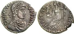 Jovinus, AD 411-413. AR Siliqua (1.72g). Minted at Arles. Usurper in Gaul . D N IOVIN-VS P F AVG. Pearl-diademed, draped and cuirassed bust of Jovinus right. Reverse: RESTIT-[VT]OR REIP. Roma seated l
