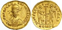 Anthemius, AD 467-472. Gold Solidus (4.39g). Minted at Ravenna. West Roman Empire. D N PROC AN-THEMIVS P F AV. Helmeted, pearl-diademed and cuirassed bust of Anthemius facing, holding spear over right
