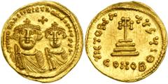 Heraclius, 610-641, with Heraclius Constantine. Gold Solidus (4.4g) minted at Ravenna, 613. DD NN HERACLIVS ET HERA CONT PP AV. Facing busts of Heraclius, with short beard, and Heraclius Constantine, 