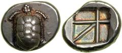 Islands off Attica, Aegina. Silver Stater (12.24g) ca. 370 BC. Land tortoise with segmented shell, head tilted slightly left; pattern on each plate of shell; "pattern-framed" around. Reverse: Refined 