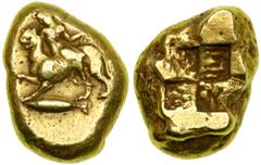 Mysia, Kyzikos. Electrum Stater (16.0 g), struck ca. 450-400 BC. Dionysos, holding thyrsos (fennel staff tipped with a pinecone), seated sidewise on a panther striding left, its forepaw raised; tunny 