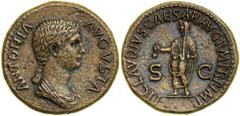 Antonia, wife of Nero Claudius Drusus, mother of Germanicus, Claudius and Livilla. Minted at Rome, AD 41-42 under Claudius. Draped bust of Antonia right. Reverse: TI CLAVDIVS CAESAR AVG PM TR P IMP. V