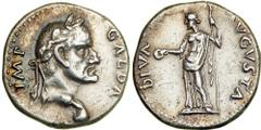 Galba, AD 68-69. AR Denarius (3.55g) minted at Tarraco, AD 68. GALBA IMP. Laureate head right of Galba; globe at point of neck truncation. Reverse : DIVA AVGVSTA. Livia standing left, holding patera i
