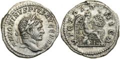 Caracalla, AD 198-217. Silver Denarius (3.0g) minted at Rome AD 217. Laureate head of a mature bearded Caracalla right. Reverse: VICT PARTHICA. Victoria (Victory) inscribing shield VO / XX on knee. RI
