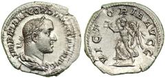 Gordian II Africanus, AD 238. Silver Denarius minted at Rome. Laureate, draped and cuirassed bust of Gordian II right. Reverse: Victoria (Victory) advancing left, holding wreath and palm frond. RIC 2;