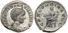 Tranquillina, wife of Gordian III, Augusta, AD 241-244. Silver Denarius minted at Rome. SABINIA TRANQ-VILLINA AVG. Diademed and draped bust of Tranquillina right. Reverse: CONCORDIA AVGG. Concordia (C