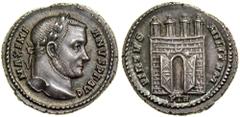 Galerius, AD 305-311. Silver Argenteus minted at Trier, ca. AD 306-307. Laureate head of Galerius right. Reverse: Campgate with four turrets, doors thrown open, "horseshoe" crescent, open-end upwards;