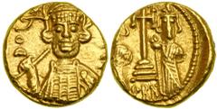 Constantine IV, Pogonatus, AD 668-685. Gold Solidus (4.3g) minted at Carthage, AD 675/6. Helmeted, draped and cuirassed facing bust of Constantine IV, holding spear across his shoulder and shield. Rev
