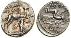 Jewish Reference Coins. M. Aemilius Scaurus and Pub. Plautius Hypsaeus, moneyers. Silver Denarius, ca. 58 BCE. King Aretas of Nabataea kneels to right with palm branch in left hand, alongside camel. R