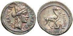 Roman Republican Jewish Reference Coin. A. Plautius, moneyer , Silver Denarius (3.7g), ca. 55 BCE. Tyrreted head of Cybele facing right. Reverse: BACCHIVS IVDAEVS; Bearded male figure kneels right wit