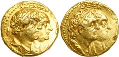 Ptolemaic Kingdom. Ptolemy II Philadelphos, with Arsinöe II, Ptolemy I and Berenike I. 285-246 BC. Gold Teetradrachm (13.80g). Alexandria, ca. 265 BC. Busts of Ptolemy II, diademed and draped, and Ars