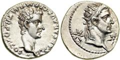 Caligula, AD 37-41. Silver Denarius (3.8g). Mint of Lugdunum, AD 37-38. Bare head of Caligula facing right. Reverse: Radiate head of Augustus facing right between two stars, no legend around. RIC 2; B