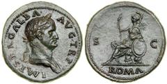 Galba, AD 68-69. Bronze Sestertius (26.6g) minted at Rome, June-August AD 68. Laureate and draped bust of Galba right. Reverse: ROMA in exergue; S C. Roma seated left, holding a spear and resting her 